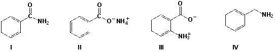 Which compound is prepared by reaction of benzoic acid with ammonia and water?   A)  I B)  II C)  III D)  IV