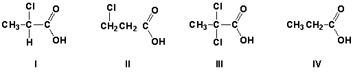 Arrange the compounds in order of increasing acidity (lowest first) .   A)  IV, I, II, III B)  III, II, IV, I C)  IV, II, I, III D)  II, I, III, IV