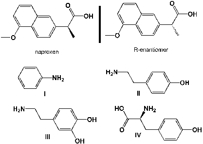 Only the S-enantiomer of naproxen inhibits the COX-1 and COX-2 enzymes, the R-enantiomer is a strong liver toxin. Therefore, only enantiomerically pure naproxen is sold in US pharmacies. Unfortunately, the classic synthesis leads to a racemic mixture. Which base do you use to separate the two enantiomers by recrystallization?   A)  I B)  II C)  III D)  IV