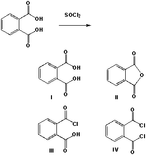 1 Mol of benzene-1,2-dicarboxylic acid reacts with 2 mols of thionyl chloride. Which product is formed?   A)  I B)  II C)  III D)  IV