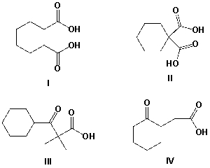 Which compounds undergo thermal decarboxylation easily?   A)  I, II B)  II, III C)  III, IV D)  II, IV