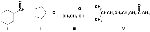 Arrange the compounds in order of increasing solubility in water (least first) .   A)  I, II, III, IV B)  IV, I, II, III C)  IV, III, II, I D)  II, II, I, IV