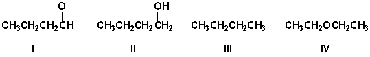 Arrange the compounds in order of increasing boiling point (lowest first) .   A)  II, I, IV, III B)  I, II, IV, III C)  IV, III, I, II D)  II, I, III, IV