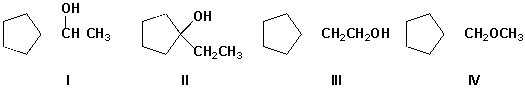 A Grignard reagent is prepared by reacting cyclopentanol with first thionyl chloride and then magnesium in ether. The Grignard reagent is then reacted with acetaldehyde (ethanal)  and the reaction mixture acidified. What is the major final product of this series of reactions?   A)  I B)  II C)  III D)  IV