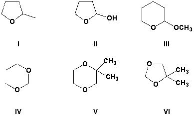 Which compounds are acetals?   A)  I, II, III B)  IV, V, VI C)  III, IV, VI D)  II, IV, V