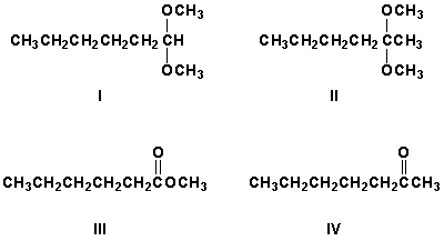 1-Hexene was treated with dilute sulfuric acid. The product of that reaction was reacted with potassium dichromate in sulfuric acid. This product was then treated with methanol in hydrochloric acid. What is the major product of this series of reactions?   A)  I B)  II C)  III D)  IV