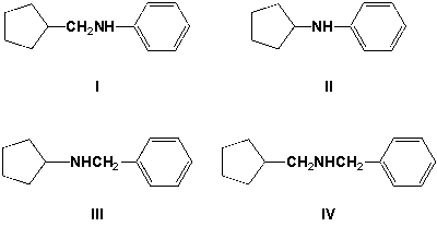 Which is the major product of the reaction of cyclopentylamine and benzaldehyde followed by nickel and hydrogen?   A)  I B)  II C)  III D)  IV