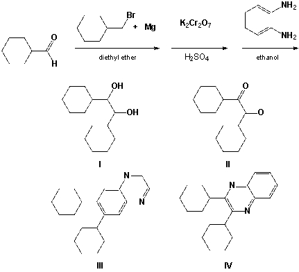 Benzaldehyde reacts according to the following reaction sequence. What final product is formed?   A)  I B)  II C)  III D)  IV E)  None of these choices are correct.