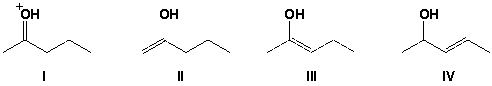 Which structure is the major tautomer of 2-pentanone in aqueous acid?   A)  I B)  II C)  III D)  IV