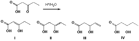 Which structure is the major tautomer of 3-oxo-pentanoic acid in aqueous medium?   A)  I B)  II C)  III D)  IV