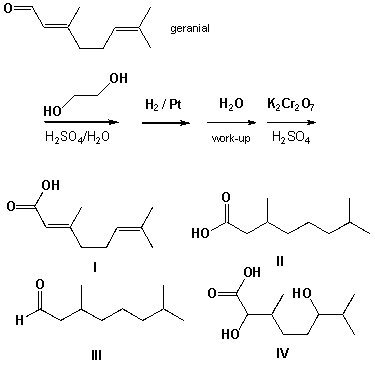 Geranial reacts according to the following reaction sequence. Which product is formed?   A)  I B)  II C)  III D)  IV