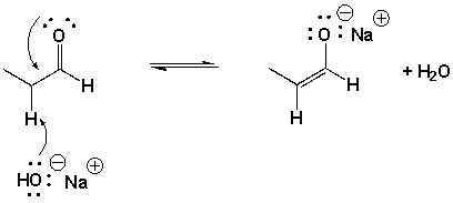 The mechanism for the formation of the enol form of propanal under basic conditions (NaOH) is,  