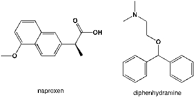 Which region in the IR spectrum could be used to distinguish between naproxen and diphenhydramine (Benadryl) ?   A)  3000-3050 cm<sup>-1</sup> B)  1360-1380 cm<sup>-1</sup> C)  3100-3500 cm<sup>-1</sup> D)  2400-3500 cm<sup>-1</sup>