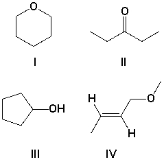 A compound has the molecular formula C<sub>5</sub>H<sub>10</sub>O, and strong absorptions at 1100 and 3350 cm<sup>-1</sup>. Which is the most likely structure for the compound?   A)  I B)  II C)  III D)  IV