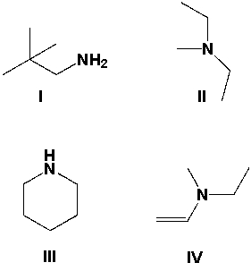 A compound has a molecular formula of C<sub>5</sub>H<sub>9</sub>N and the IR spectrum has peaks in the region of 2900 to 3000 cm<sup>-1</sup>, 1450 cm<sup>-1</sup> and 1375 cm<sup>-1</sup>, but no peaks in the region of 3000-3500 cm<sup>-1</sup>. Which of the following could be the compound?   A)  I B)  II C)  III D)  IV