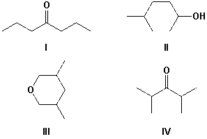 A compound gave two sets of signals in the <sup>1</sup>H-NMR spectrum with an integration ratio of 60 to 10. Which is the most likely structure for the compound?   A)  I B)  II C)  III D)  IV