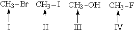  Which is the order of increasing  \delta  values downfield from TMS for the methyl groups shown (farthest upfield first) ?   A)  I, III, IV, II B)  II, I, III, IV C)  IV, II, III, I D)  III, IV, II, I 