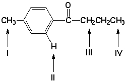 Which are the characteristic shift ranges for the indicated hydrogen atoms?   A)  I = 0.8-1.0, II = 6.5-8.5, III = 2.2-2.5, IV = 2.1-2.3 B)  I = 0.8-1.0, II = 2.2-2.5, III = 6.5-8.5, IV = 2.1-2.3 C)  I = 2.2-2.5, II = 6.5-8.5, III = 0.8-1.0, IV = 2.1-2.3 D)  I = 2.2-2.5, II = 6.5-8.5, III = 2.1-2.3, IV = 0.8-1.0