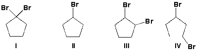 Which compounds have 3 signals in the <sup>13</sup>C NMR spectrum?   A)  I, II B)  I, II, III C)  I, III D)  I, II, III, IV