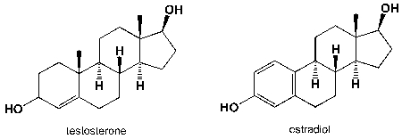 Testosterone is an anabolic steroid; estradiol is the predominant female sex hormone. How can you discern between these two hormones by using NMR spectroscopy?   I)  number of <sup>13</sup>C-signals II)  number of <sup>1</sup>H-signals III)  chemical shifts IV)  <sup>1</sup>H-signal splitting A)  I, II, III B)  I, II, III, IV C)  I, III, IV D)  II, III, IV