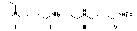 Arrange the amines in order of increasing boiling point (lowest first) .     A)  II, III, I, IV B)  III, I, IV, II C)  IV, II, III, I D)  IV, III, I, II