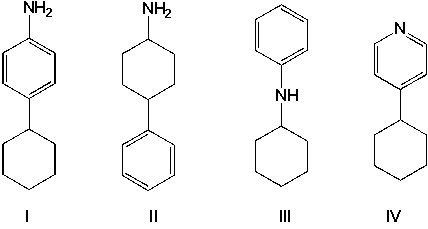 Arrange the basicities of the four amines in decreasing order (highest first) .   A)  II, III, I, IV B)  IV, III, II, I C)  I, III, IV, II D)  III, IV, I, II