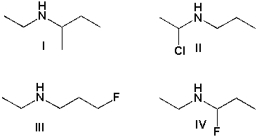 Order the following bases according to increasing basicity (weakest base first) :   A)  I, III, II, IV B)  III, II, IV, I C)  IV, II, III, I D)  II, IV, I, III