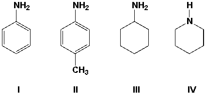 Arrange the amines in order of increasing basicity (weakest first) .   A)  IV, II, III, I B)  II, I, III, IV C)  I, II, III, IV D)  II, I, IV, III
