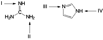 When guanidine (at left)  and imidazole (at right)  undergo protonation, which nitrogen atoms are protonated preferentially?   A)  I, III B)  II, IV C)  I, IV D)  II, III