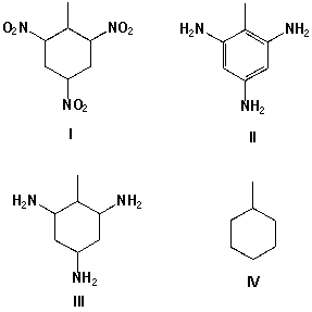 Trinitrotoluene (TNT)  reacts with large quantities of hydrogen in the presence of a nickel catalyst. Which reaction product is formed?     A)  I B)  II C)  III D)  IV