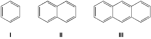How many Kekule structures are possible for benzene, naphthalene, and anthracene ?   A)  I: 3, II: 4, III: 4 B)  I: 2, II: 3, III: 4 C)  I: 2, II: 4, III: 4 D)  I: 3, II: 3, III: 4
