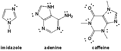  How many   \pi -orbital electrons are in the following molecules?   A)  imidazole: 5, adenine: 10, caffeine: 5 B)  imidazole: 6, adenine: 9, caffeine: 6 C)  imidazole: 6, adenine: 10, caffeine: 6 D)  imidazole; 4, adenine, 9, caffeine, 5 