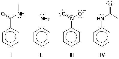Arrange the compounds in order of increasing reactivity toward electrophilic aromatic substitution (lowest first) .   A)  III < I < IV < II B)  I < III < II < IV C)  II < I < IV < III D)  III < II < I < IV