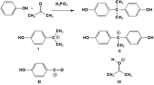 Which of the following are intermediates in the mechanism of the reaction of phenol and acetone in the presence of phosphoric acid (a strong mineral acid) ?   A)  I and IV B)  II and III C)  III and IV D)  II and IV