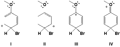 What is the major contributing structure to the cation intermediate of the bromination of anisole?   A)  I B)  II C)  III D)  IV