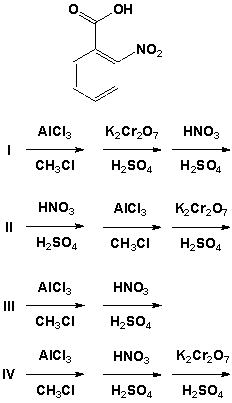 Which is the best reaction sequence for preparing the following compound from benzene? (HINT: consider only the reaction product from electrophilic addition in the ortho position) .   A)  I B)  II C)  III D)  IV