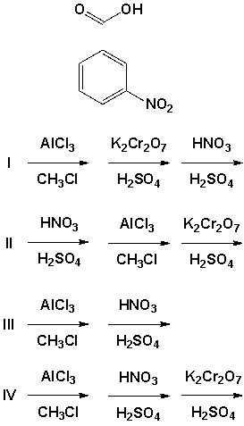 Which is the best reaction sequence for preparing the following compound from benzene?   A)  I B)  II C)  III D)  IV