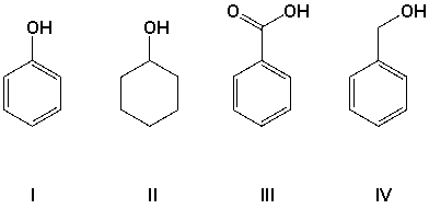Arrange the compounds in order of increasing acidity (least first) .   A)  I, II, III, IV B)  II, IV, I, III C)  I, II, IV, III D)  II, III, I, IV