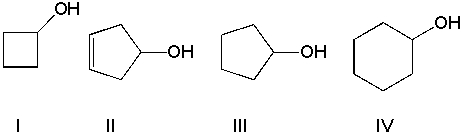 Arrange the compounds in the order of increasing solubility in water (least soluble first) . (help: estimate the hydrophobic surface of the non-polar part of the molecules)    A)  III, IV, II, I B)  II, III, IV, I C)  IV, III, II, I D)  III, IV, I, II
