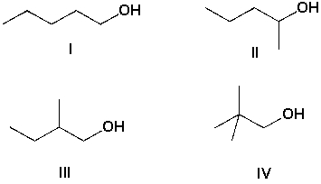 Arrange the compounds in the order of increasing solubility in water (least soluble first) . (help: estimate the hydrophobic surface of the non-polar part of the molecules)    A)  II, III, I, IV B)  I, II, III, IV C)  IV, II, III, I D)  II, IV, III, I