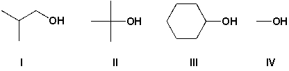 Which alcohol will form the most stable carbocation when treated with a strong mineral acid?   A)  I B)  II C)  III D)  IV