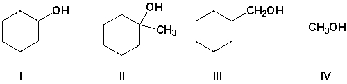 Arrange the following in order of increasing rate of reactivity with HCl (least first) .   A)  I, II, IV, III B)  II, I, III, IV C)  IV, III, I, II D)  III, II, IV, I