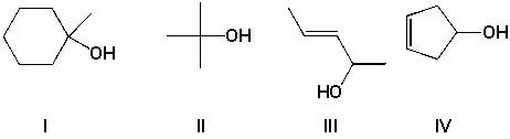 Which molecules are secondary alcohols?   A)  I, III B)  II, III C)  III, IV D)  I, IV