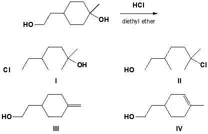 4-(2-hydroxyethyl) -1-methylcyclohexanol reacts with HCl (gas)  in diethyl ether at 5<sup>o</sup>C. What is the main product formed?   A)  I B)  II C)  III D)  IV