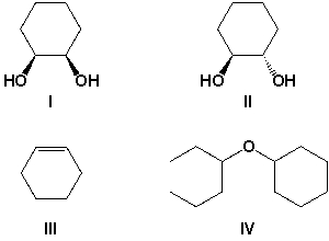 Which is the major product from the acid catalyzed hydrolysis of cyclohexene oxide?   A)  I B)  II C)  III D)  IV