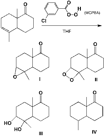 The alkene shown below reacts with meta-chloroperbenzoic acid (MCPBA)  in tetrahydrofuran. Which of the four formulas correctly describe the reaction products?   A)  I B)  II C)  III D)  IV