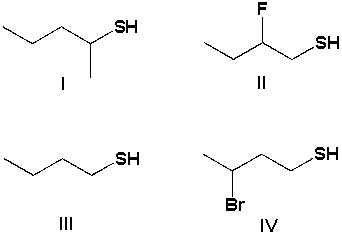 Arrange the compounds in the order of increasing acidity (least acidic first) .   A)  II, III, IV, I B)  I, III, IV, II C)  III, IV, II, I D)  IV, II, III, I