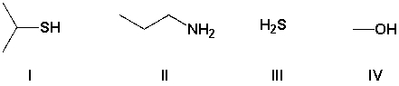 Arrange the compounds in the order of increasing acidity (least acidic first) .   A)  II, IV, I, III B)  III, IV, I, II C)  IV, III, II, I D)  I, III, IV, II