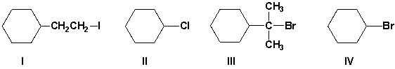 Arrange the haloalkanes in order of increasing reactivity in an S<sub>N</sub>2 reaction with KI in acetone (least first) .   A)  I, IV, III, II B)  IV, I, III, II C)  II, III, I, IV D)  III, II, IV, I