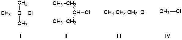 Arrange the haloalkanes in order of increasing rate of solvolysis (slowest first)  in ethanol.   A)  IV, III, II, I B)  I, II, III, IV C)  III, II, I, IV D)  II, III, I, IV